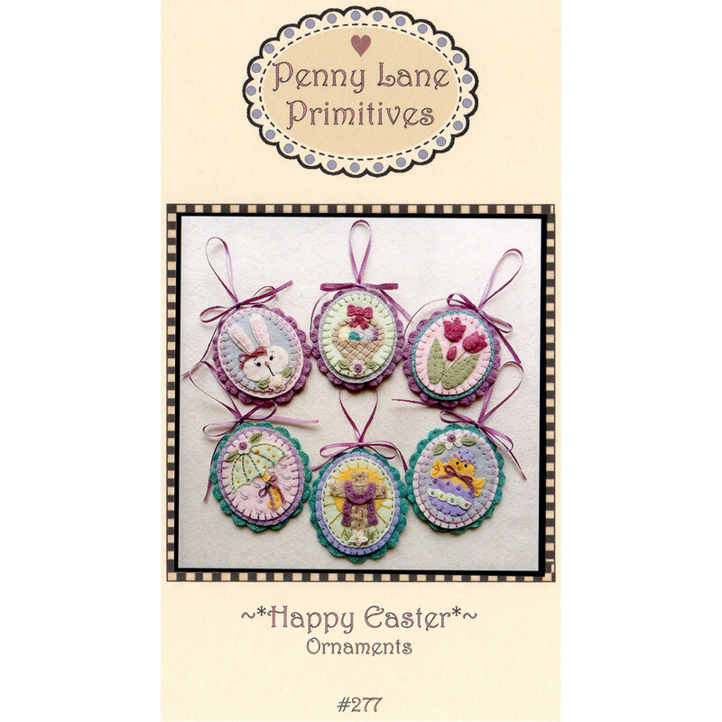 Front of the pattern featuring six Easter-themed ornaments, each with unique designs and colors.