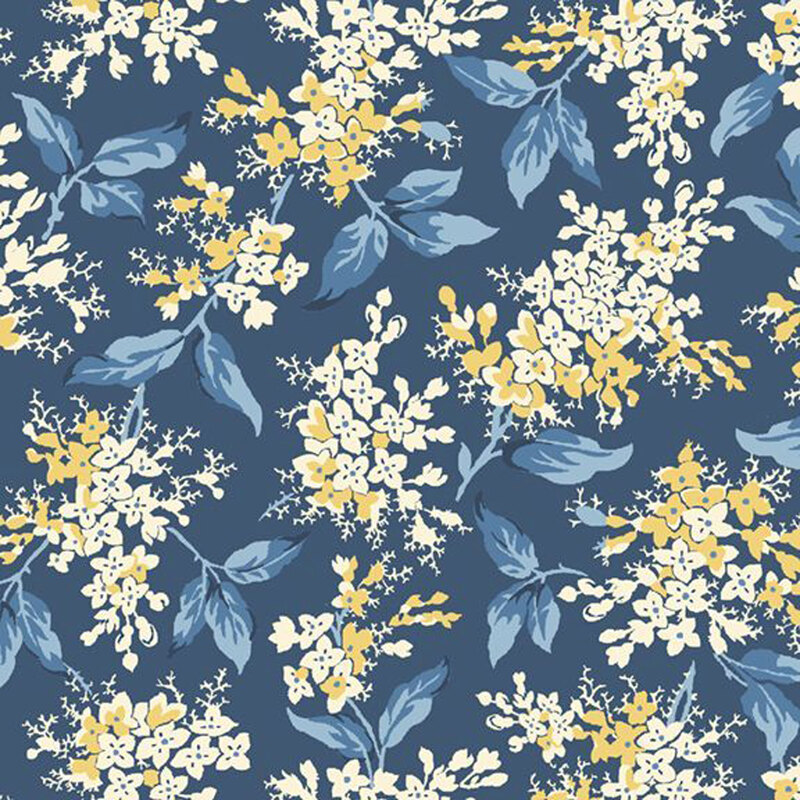 A floral pattern featuring cream and yellow flowers on a blue background.