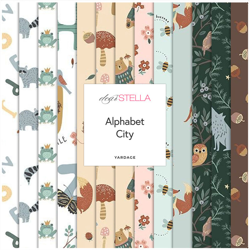 A collection of patterned fabric strips featuring animals and nature themes, labeled Alphabet City.