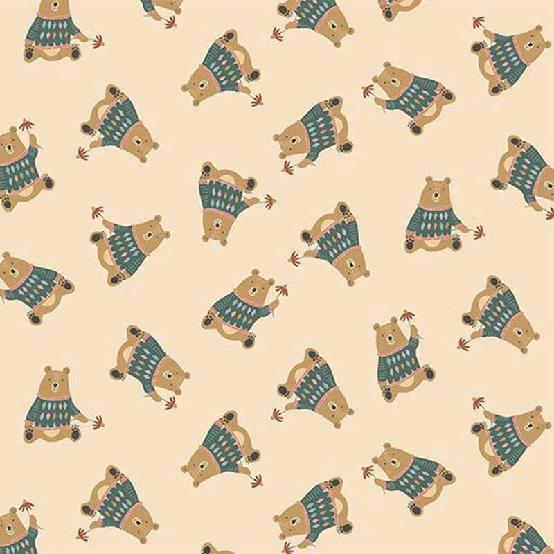 Pattern of cartoon bears in blue sweaters on a light beige background, evenly spaced.