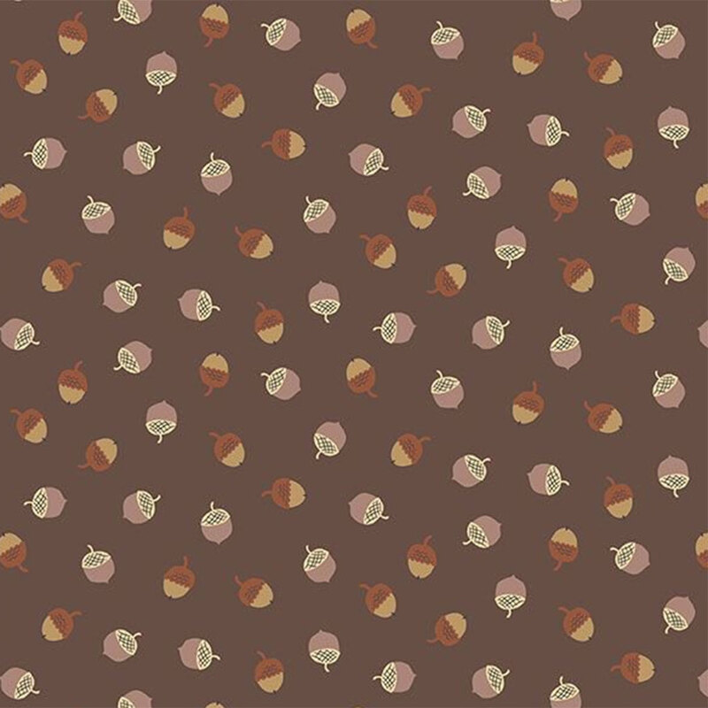 Pattern of acorns in various colors on a dark brown background.