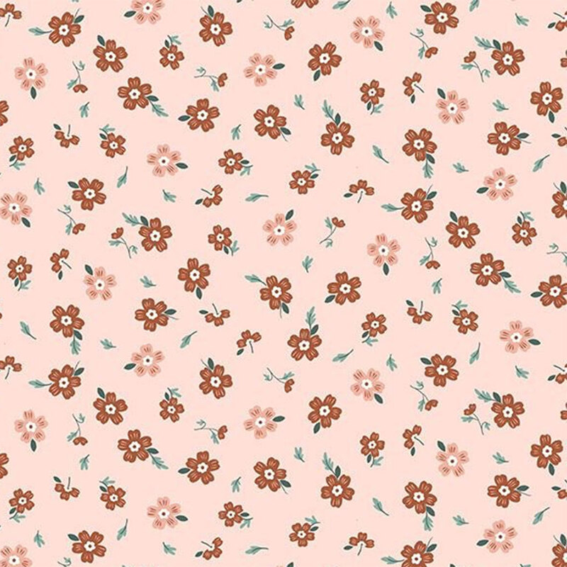 A light pink background filled with small, scattered brown flowers and green leaves.