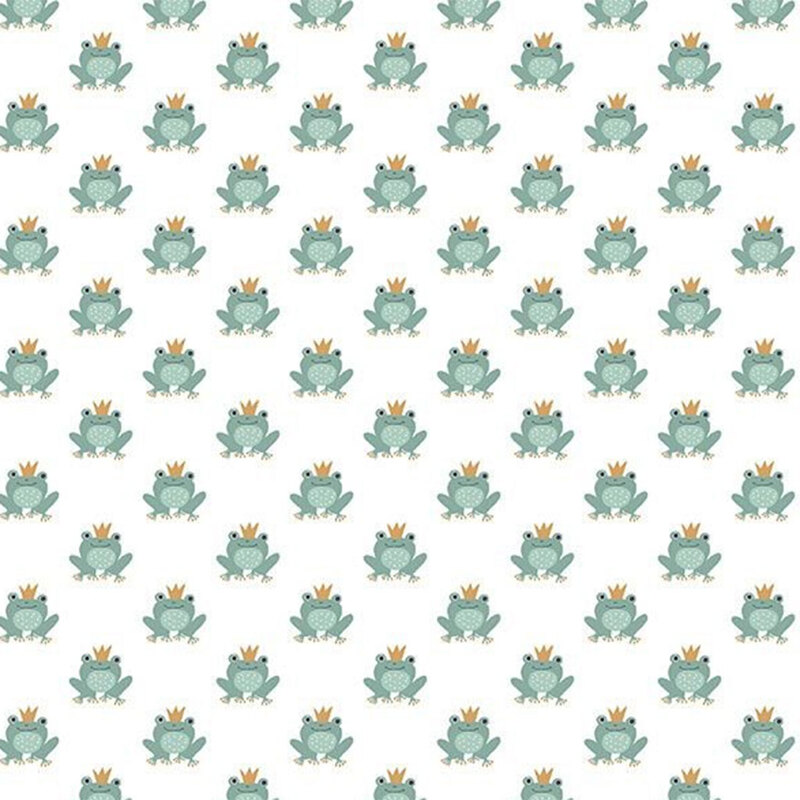 Repeating pattern of green frogs wearing crowns on a white background.