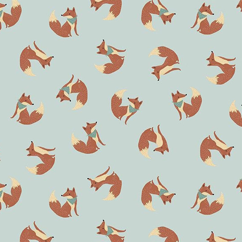 A repeating pattern of stylized foxes on a light blue background.