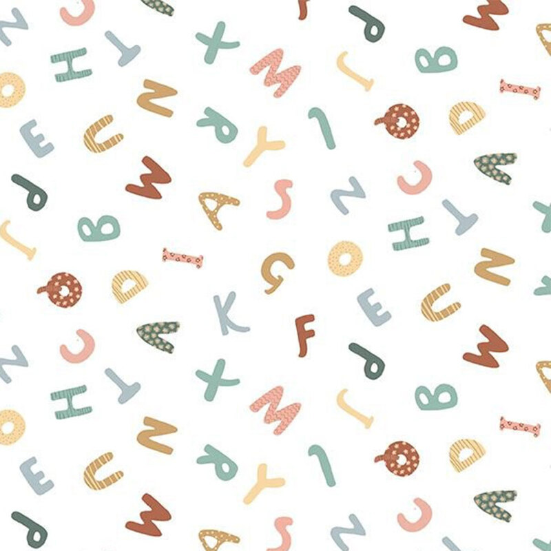 Colorful, whimsical letters and numbers scattered on a plain white background.