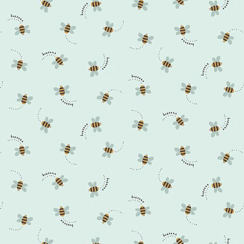 Patterned design with small, cartoonish bees on a light mint green background.