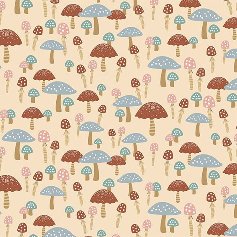 Colorful whimsical pattern of various mushrooms on a light beige background.