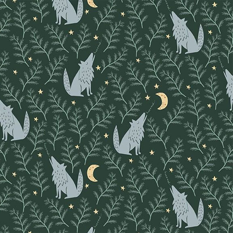 Repeating pattern featuring howling wolves, stars, and crescent moons amidst leafy branches on a dark background.