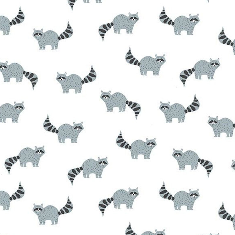 A repeating pattern of cartoon raccoons on a white background, facing different directions.