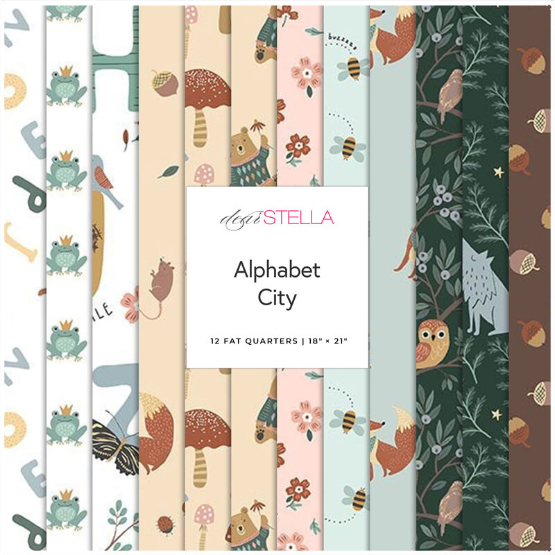 Fabric collection titled Alphabet City with various whimsical patterns featuring animals and letters.