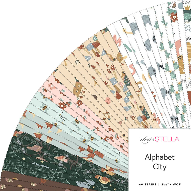 Colorful fabric strips in a circular layout, featuring playful animal and floral patterns, labeled Alphabet City.