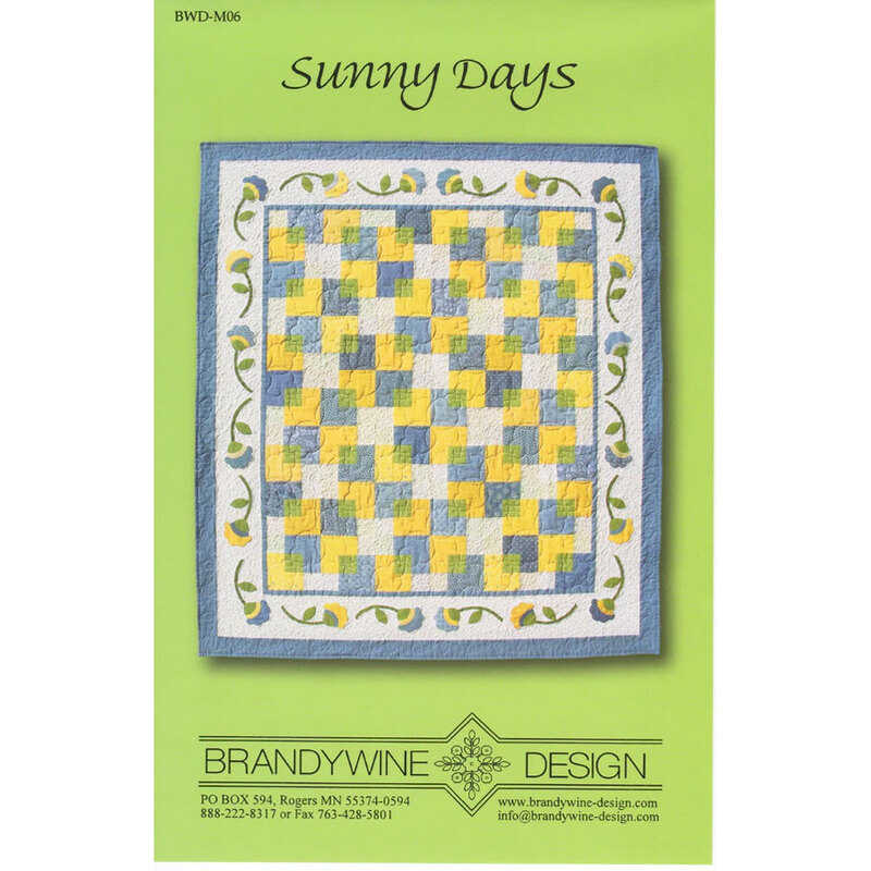 Pattern cover for Sunny Days, featuring a yellow and blue quilt design with floral borders.