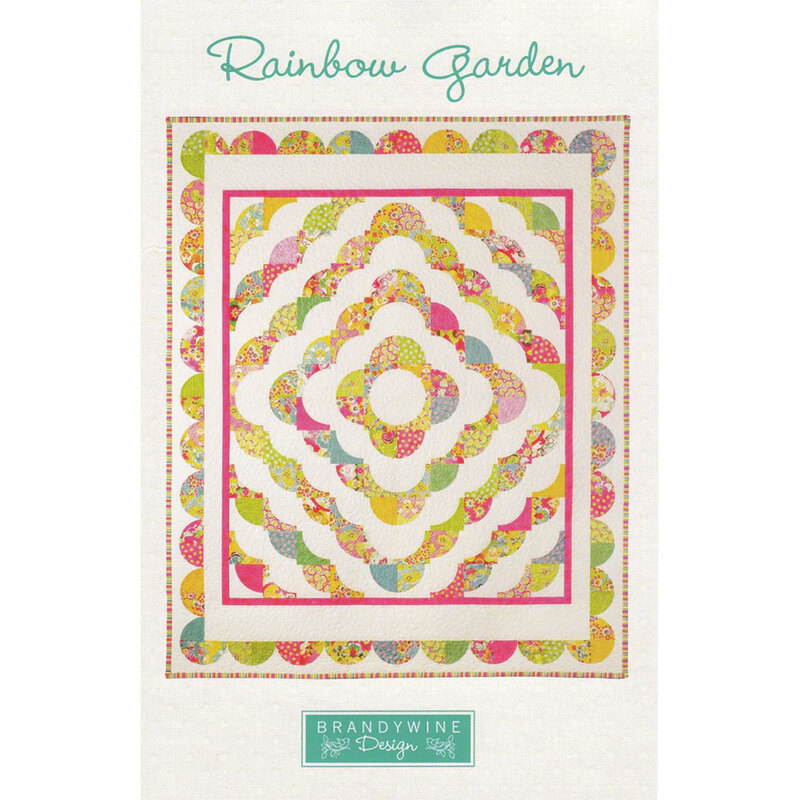 Quilt design titled Rainbow Garden features colorful circular patterns and scalloped edges.