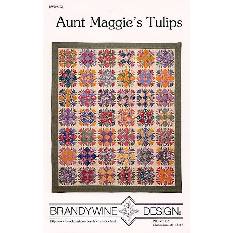 Cover of Aunt Maggie's Tulips quilt pattern, featuring colorful floral squares on a cream background.