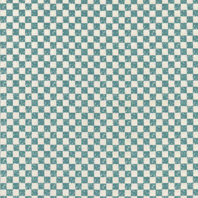 A textured pattern of alternating teal and cream checkered squares arranged uniformly.