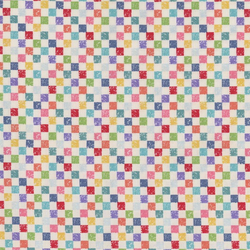 Colorful checkered pattern with small squares in red, blue, green, yellow, and purple on a light background.