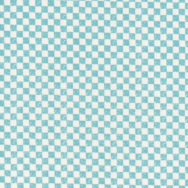 A repetitive pattern of alternating turquoise and white checkered squares.