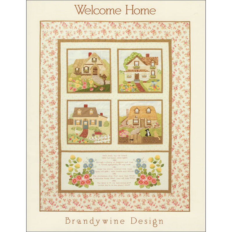 A quilt design featuring four embroidered houses with floral details and the text Welcome Home.