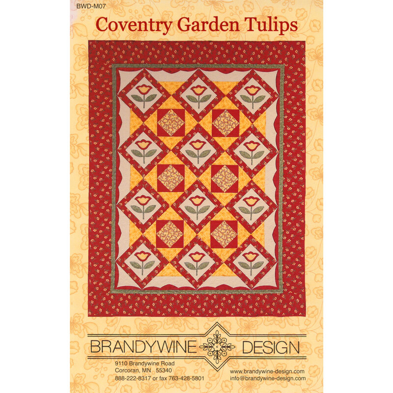 Pattern cover featuring a quilt design titled Coventry Garden Tulips with red, yellow, and gray motifs.