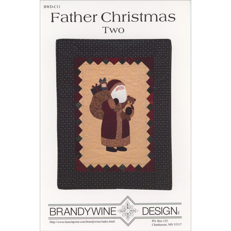 Image of a quilt pattern featuring a whimsical Father Christmas holding gifts, surrounded by a decorative border.