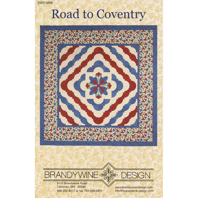 Cover of Road to Coventry quilt pattern featuring floral and scalloped designs in red, blue, and cream.