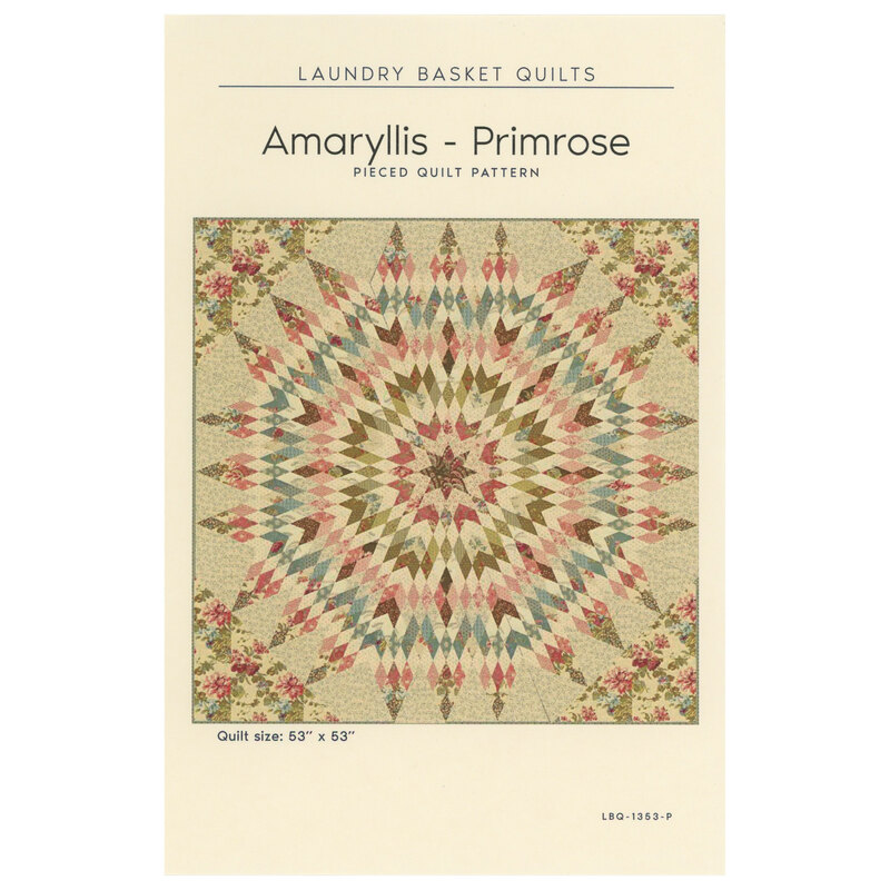 The front of the Amaryllis - Primrose pattern featuring the completed quilt on a neutral background.