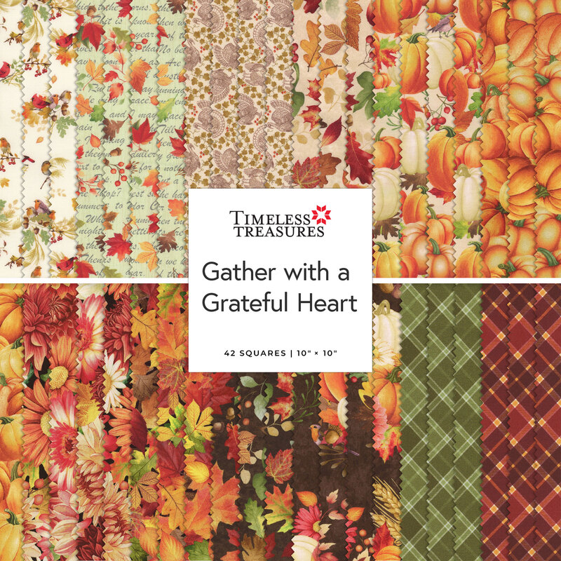 A collage of fabrics in the Gather with a Grateful Heart Layer Cake featuring autumn themed designs