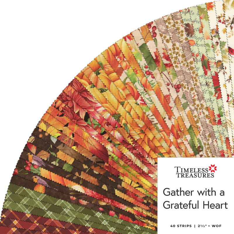 A collage of fabrics in the Gather with a Grateful Heart Jelly Roll featuring autumn themed designs