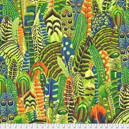 Vibrant, colorful pattern of abstract feathers in greens, blues, yellows, and oranges.