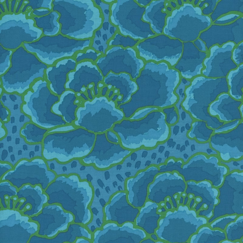 A vibrant pattern of large blue flowers with green outlines on a teal background.
