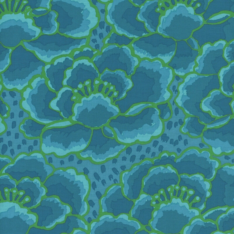 A vibrant pattern of large blue flowers with green outlines on a teal background.