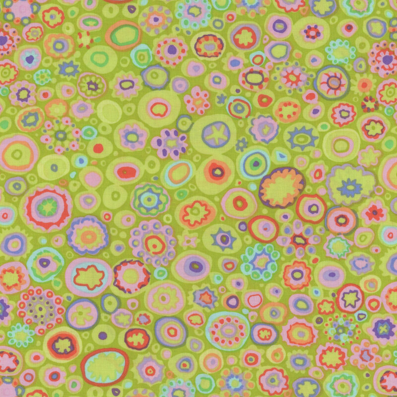 A vibrant pattern of colorful circles on a light green fabric.