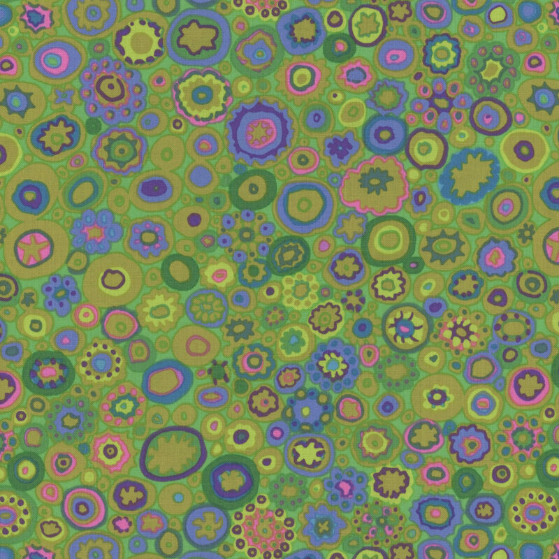 Abstract pattern of colorful, overlapping flowers and shapes on a green background.