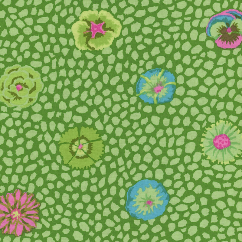 Bright green fabric with a pattern of colorful flowers and pebbled shapes throughout.