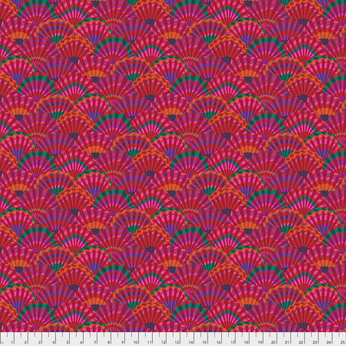 Colorful fabric pattern featuring pink and red fan shapes on a vibrant purple background.