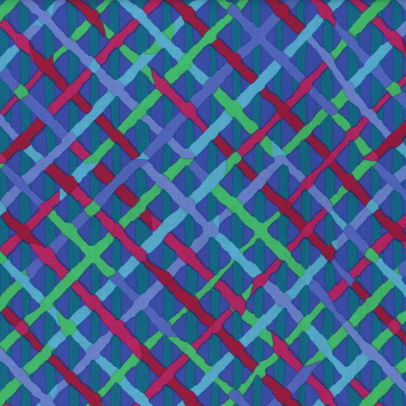 Abstract textile pattern with blue, green, and red intersecting lines creating a woven effect.