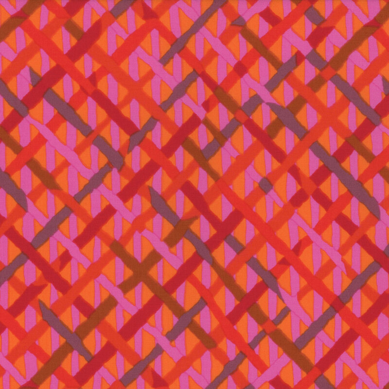 A vibrant pattern of overlapping diagonal lines in shades of red, pink, and brown.