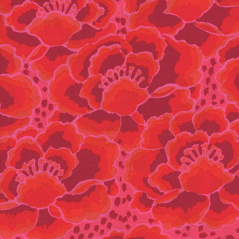 A vibrant pattern of red flowers with detailed petals and contrasting center dots on a dark background.