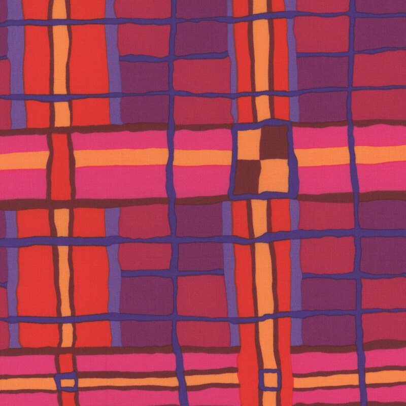 Abstract pattern featuring vibrant red, purple, orange, and pink geometric lines and squares.