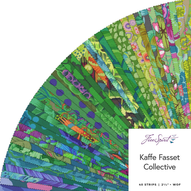 A vibrant array of green fabric strips in various patterns, labeled Kaffe Fasset Collective.