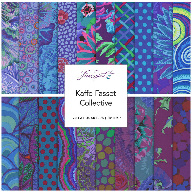 A collection of 20 vibrant fat quarters featuring purple and blue patterns by Kaffe Fassett.