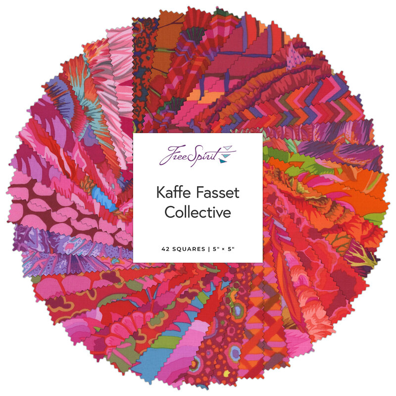 A circular arrangement of colorful fabric squares with a label reading Kaffe Fasset Collective.