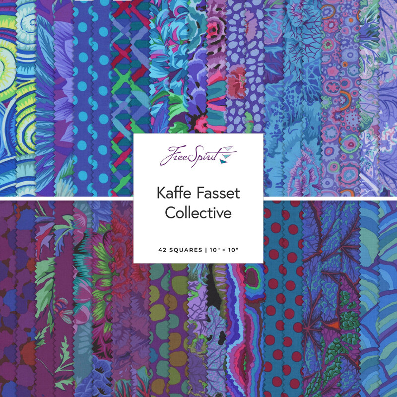 Colorful fabric swatches in shades of blue and purple, featuring various patterns, with Kaffe Fassett Collective branding.