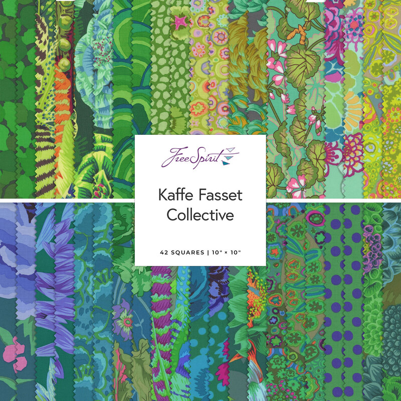 A circular arrangement of vibrant fabric squares labeled Kaffe Fassett Collective, featuring floral and abstract designs.