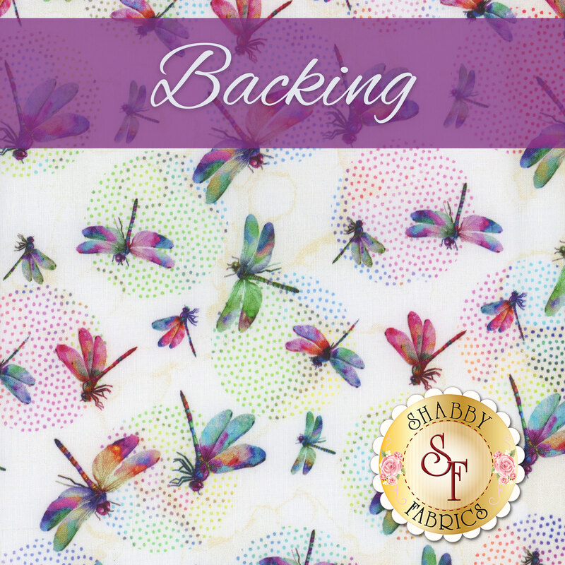 A swatch of white fabric with multicolor dragonflies and pointillism spheres. A warm purple banner at the top reads 