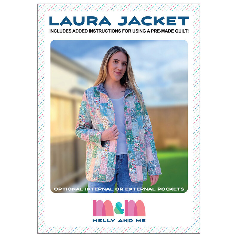 The front of the Laura Jacket pattern, featuring the finished jacket displayed by a model.