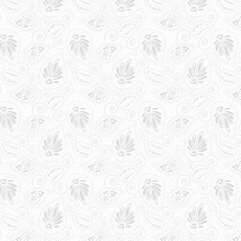 White on white fabric with a swirling leafy pattern, shown in gray and white.