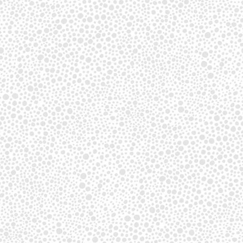 White on white fabric with a multi-sized dot pattern, shown in gray and white.