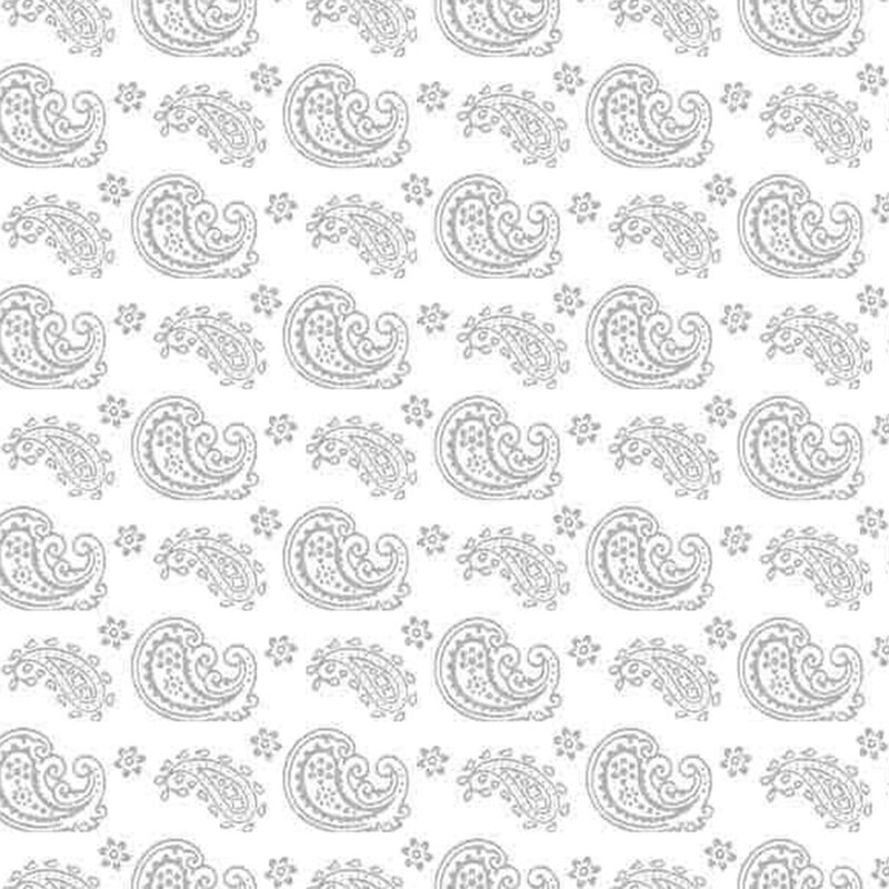 A white on white paisley pattern, shown in gray and white.