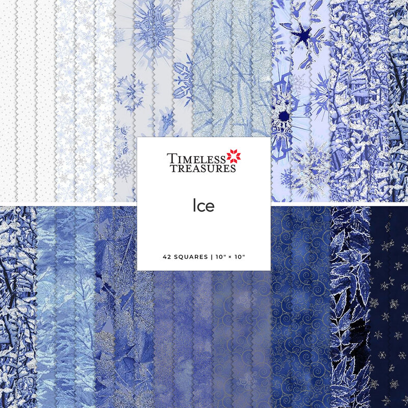 collage of winter fabrics including leaves, branches, and snowflakes with timeless treasures tag in the center